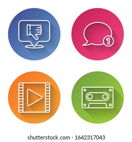 Set line Dislike in speech bubble, Speech bubble chat, Play Video and Retro audio cassette tape. Color circle button. Vector