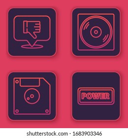 Set line Dislike in speech bubble, Floppy disk for computer data storage, Vinyl disk and Power button. Blue square button. Vector