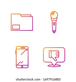 Set line Dislike in speech bubble, Smartphone, mobile phone, Document folder and Microphone. Gradient color icons. Vector