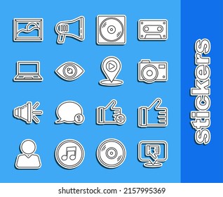 Set line Dislike in speech bubble, Hand, Photo camera, Vinyl disk, Eye, Laptop, Picture landscape and Digital media play with location icon. Vector