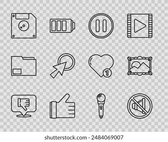 Set line Dislike in speech bubble, Speaker mute, Pause button, Hand, Floppy disk for computer data storage, Arrow cursor, Microphone and Picture landscape icon. Vector