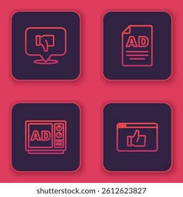 Set line Dislike in speech bubble, Advertising,  and Customer product rating. Blue square button. Vector