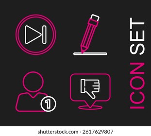 Set line Dislike in speech bubble, Add to friend, Pencil with eraser and Fast forward icon. Vector