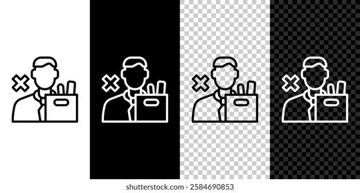 Set line Dismissed sad young man carrying box with his personal belonging leaving his job icon isolated on black and white, transparent background. Employee fired from work.  Vector