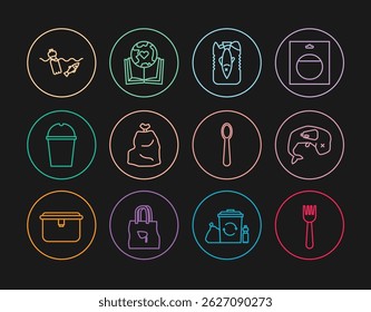 Set line Disposable plastic fork, Environment protection whale dead, Stop ocean pollution, Garbage bag, Paper glass water, Problem of the, spoon and Earth globe and book icon. Vector