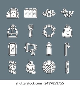 Cuchillo de plástico desechable, Paja para beber, Bolsa de basura, Cuidado de pescado, tenedor, Botella de jabón líquido, Papelera de reciclaje con reciclaje y refrescar icono. Vector