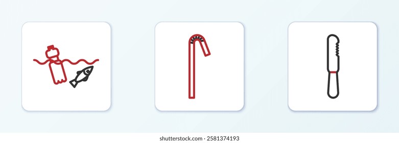 Set line Disposable plastic knife, Problem pollution of the ocean and Drinking straw icon. Vector