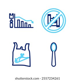 Set line Disposable plastic spoon, Dead bird,, Say no to bags poster and Ecology infographic icon. Vector