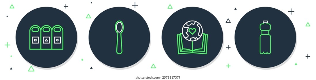 Set line Disposable plastic spoon, Earth globe and book, Trash in garbage cans sorted and Bottle of water icon. Vector