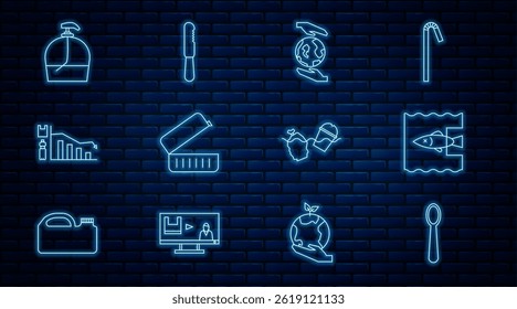 Set line Disposable plastic spoon, Stop ocean pollution, Hands holding Earth globe, Lunch box, Ecology infographic, Bottle of liquid soap, Problem the and knife icon. Vector