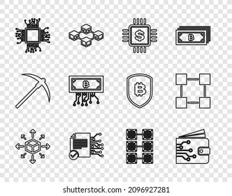 Set line Distribution, Cryptocurrency wallet, Processor chip with dollar, Smart contract, bitcoin circuit, Mining farm and Blockchain technology icon. Vector