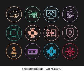 Set line Distribution, Shield with bitcoin, Mining monitor and pickaxe, Processor, Blockchain technology, Cryptocurrency cloud mining, Proof of stake and key icon. Vector