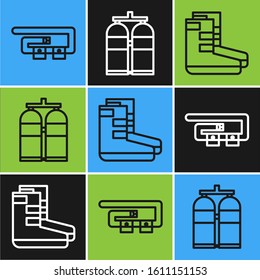 Set line Diving belt, Boots and Aqualung icon. Vector