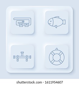 Set line Diving belt, Fish, Manifold and Lifebuoy. White square button. Vector