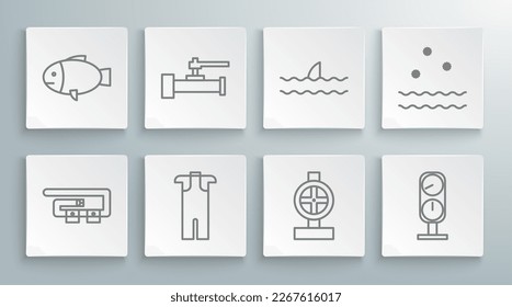 Set line Diving belt, Industry metallic pipes and valve, Wetsuit for scuba diving, Gauge scale, Shark fin ocean wave, Cold waves and Fish icon. Vector