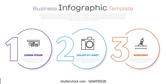 Set line Diving belt, Photo camera for diver and Floating buoy on the sea. Business infographic template. Vector