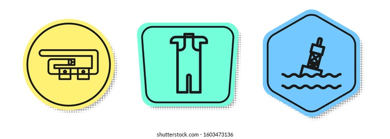 Set line Diving belt, Wetsuit for scuba diving and Floating buoy on the sea. Colored shapes. Vector