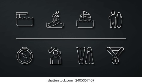 Die Tauchbasis oder das Sprungbrett, Kompass, Surfbrett, Flippern zum Schwimmen, Aqualung, Medaille und Windsurfsymbol. Vektorgrafik