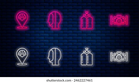 Set line Diving hood, Aqualung, Scallop sea shell and Photo camera. Glowing neon icon on brick wall. Vector