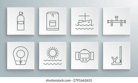 Set line Diving hood, Backpack, Sun and waves, watch, Snorkel, Fishing boat on water, Manifold and Aqualung icon. Vector