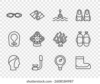 Set line Diving hood, Boots, Floating buoy, Snorkel, Glasses for swimming, Aqualung, Gauge scale and  icon. Vector