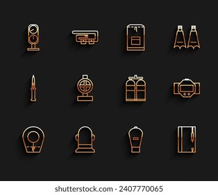 Fijar el capó de buceo de línea, Buoy, escala de indicadores, bolsa de elevación, libro de notas submarinas y lápiz, válvula de tubos metálicos de la industria, reloj e icono de Aqualung. Vector