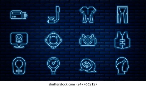 Set line Diving hood, Life jacket, Wetsuit for scuba diving, Lifebuoy, Scallop sea shell, Flashlight diver, Photo camera and Snorkel icon. Vector