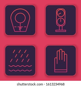 Set line Diving hood, Rain and waves, Gauge scale and Gloves. Blue square button. Vector