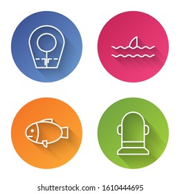 Set line Diving hood, Shark fin in ocean wave, Fish and Buoy. Color circle button. Vector