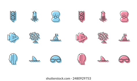 Set line Diving hood, Shark fin ocean wave, Gauge scale, Glasses and cap, Coral, Floating buoy on the sea, Fish and Octopus icon. Vector