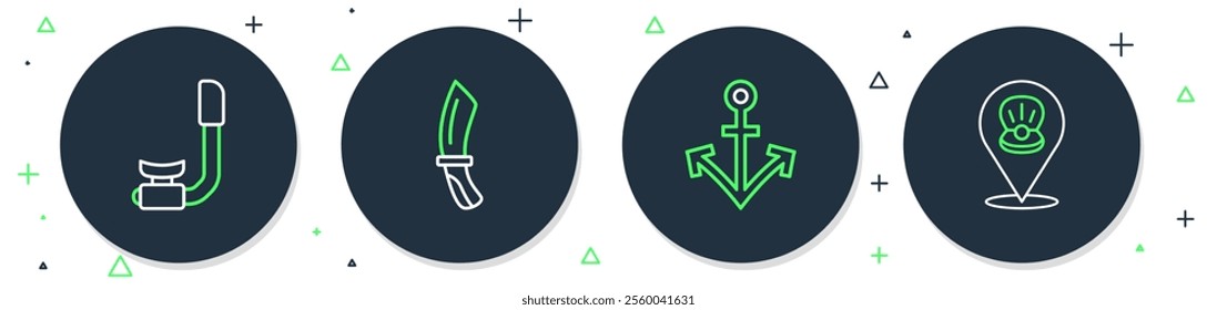 Set line Diving knife, Anchor, Snorkel and Scallop sea shell icon. Vector