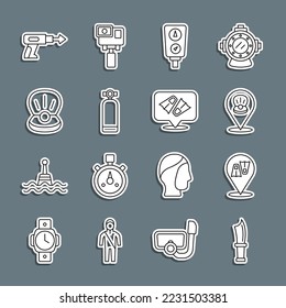 Set line Diving knife, Flippers for swimming, Scallop sea shell, Gauge scale, Aqualung, Pearl, Fishing harpoon and  icon. Vector