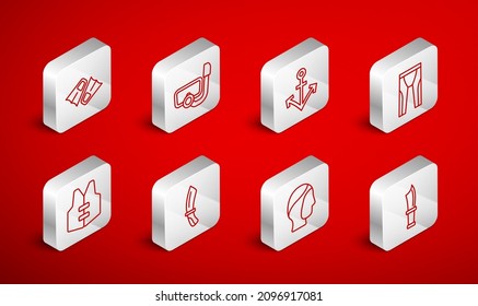 Set line Diving knife, mask with snorkel, Anchor, Wetsuit for scuba diving, hood, Flippers swimming,  and Life jacket icon. Vector
