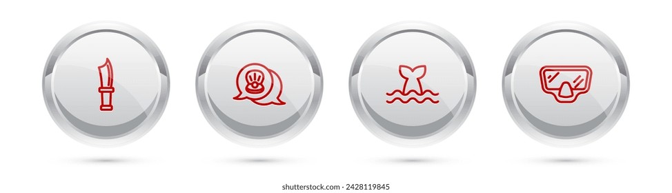 Set line Diving knife, Scallop sea shell, Whale tail and mask. Silver circle button. Vector