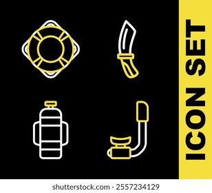 Set line Diving knife, Snorkel, Aqualung and Lifebuoy icon. Vector