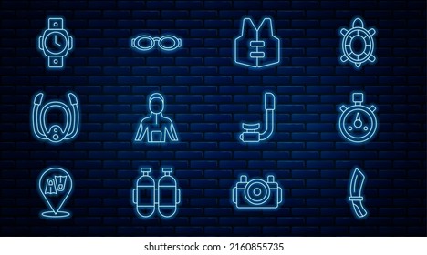 Set line Diving knife, Stopwatch, Life jacket, Wetsuit for scuba diving, mask with snorkel, Snorkel and Glasses swimming icon. Vector
