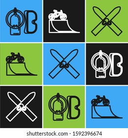 Set line Diving mask and aqualung, Ski and sticks and Bicycle on street ramp icon. Vector