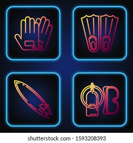 Set line Diving mask and aqualung, Surfboard, Gloves and Rubber flippers for swimming. Gradient color icons. Vector