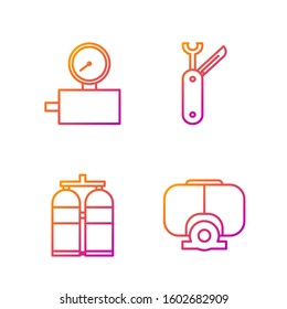 Set line Diving mask, Aqualung, Gauge scale and Swiss army knife. Gradient color icons. Vector