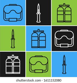 Set line Diving mask, Aqualung and Army knife icon. Vector