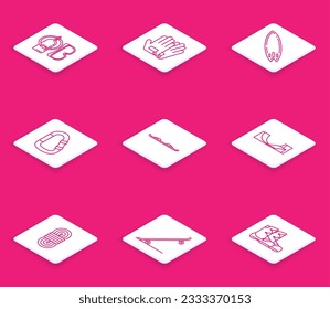 Set line Diving mask and aqualung, Gloves, Surfboard, Carabiner, Snowboard, Skate park, Climber rope and Skateboard icon. Vector