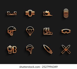 Set line Diving mask and aqualung, Bicycle helmet, Skate park, Surfboard, Ski sticks, Parachute, goggles and Boots icon. Vector