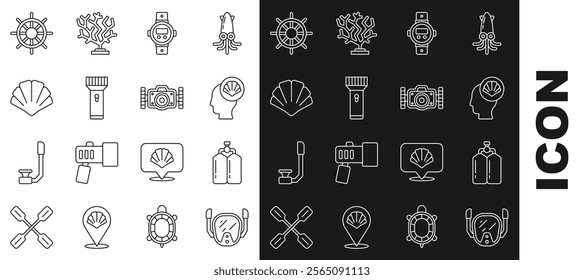 Set line Diving mask, Aqualung, Scallop sea shell, watch, Flashlight, Ship steering wheel and Photo camera icon. Vector