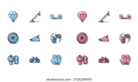 Definir a linha Máscara de mergulho e aqualung, Bicicleta, Paraquedas, Luvas, Skate na rampa da rua, truque, roda e ícone. Vetor