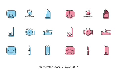 Fijar la línea Máscara de buceo, Cuchillo del ejército, Traje para bucear, rosa del viento, Pipes y válvula metálicas de la industria, Icono de Snorkel y ondas del sol. Vector