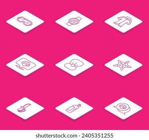 Set line Diving mask, Compass, Wetsuit, Scallop sea shell, Shell with pearl, Starfish, Knife and Aqualung icon. Vector