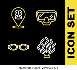 Set line Diving mask, Coral, Glasses for swimming and Scallop sea shell icon. Vector