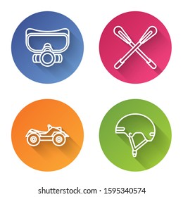 Set line Diving mask, Crossed paddle, All Terrain Vehicle or ATV motorcycle and Helmet. Color circle button. Vector
