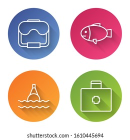 Set line Diving mask, Fish, Floating buoy on the sea and First aid kit. Color circle button. Vector