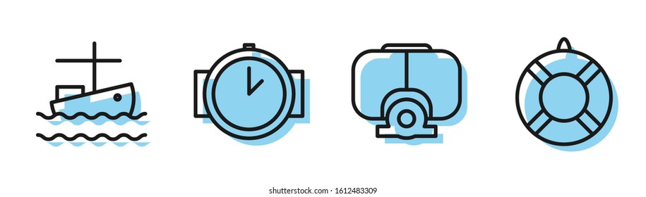 Set line Diving mask, Fishing boat on water, Diving watch and Lifebuoy icon. Vector